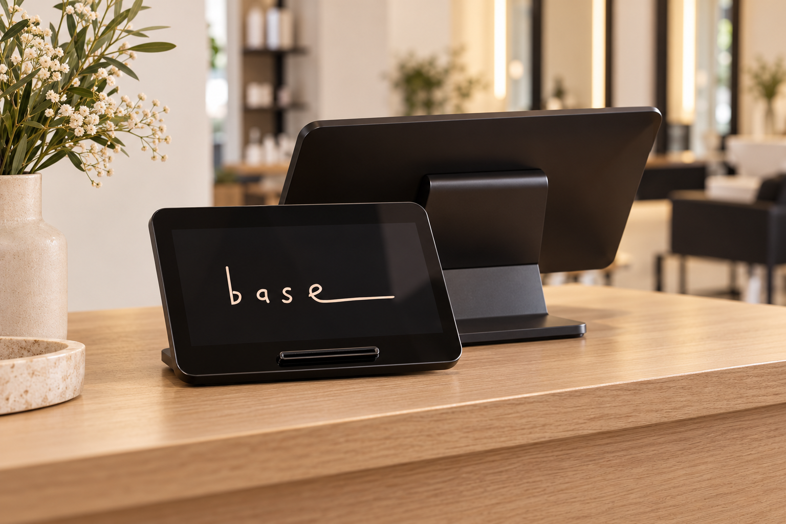 Promotional illustration of Square Register with the Base Hair logo on its customer-facing screen